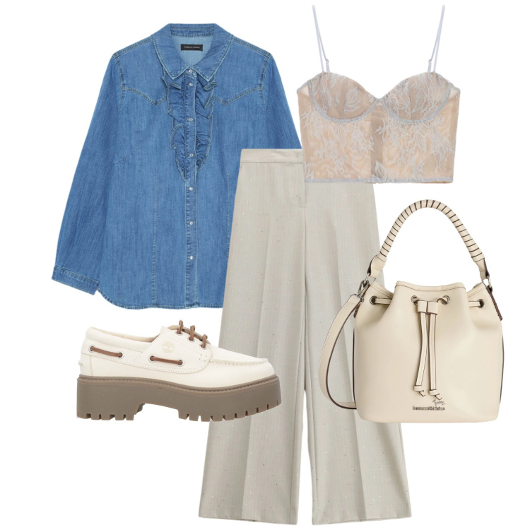 Outfit donna - Aprile. Stile Sporty chic per Tutti i giorni. Abbinamento con mocassini, canottiere, camicie, pantaloni a palazzo, borse a secchiello.