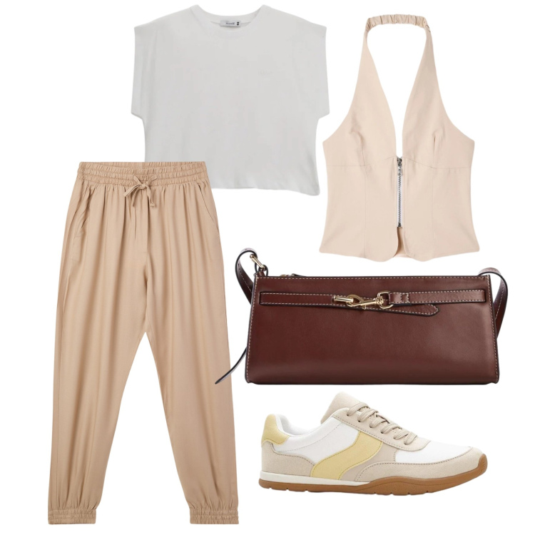 Outfit donna - Aprile. Stile Sporty chic per Tutti i giorni. Abbinamento con sneakers, borse a tracolla, pantaloni sportivi, top, top.
