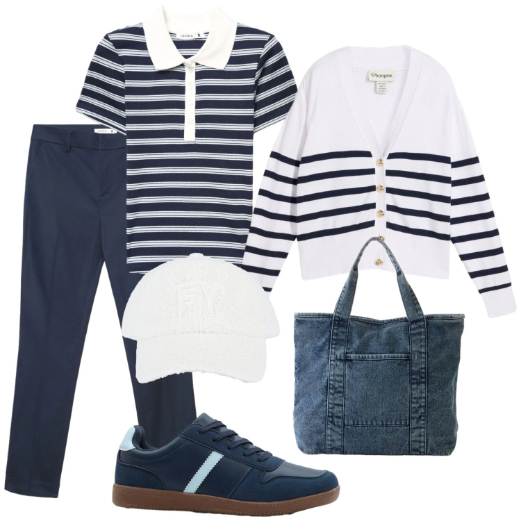 Outfit donna - Strisce. Stile Trendy per Tutti i giorni. Abbinamento con sneakers, shopping bag, cardigans, pantaloni skinny, polo, cappelli con visiera.