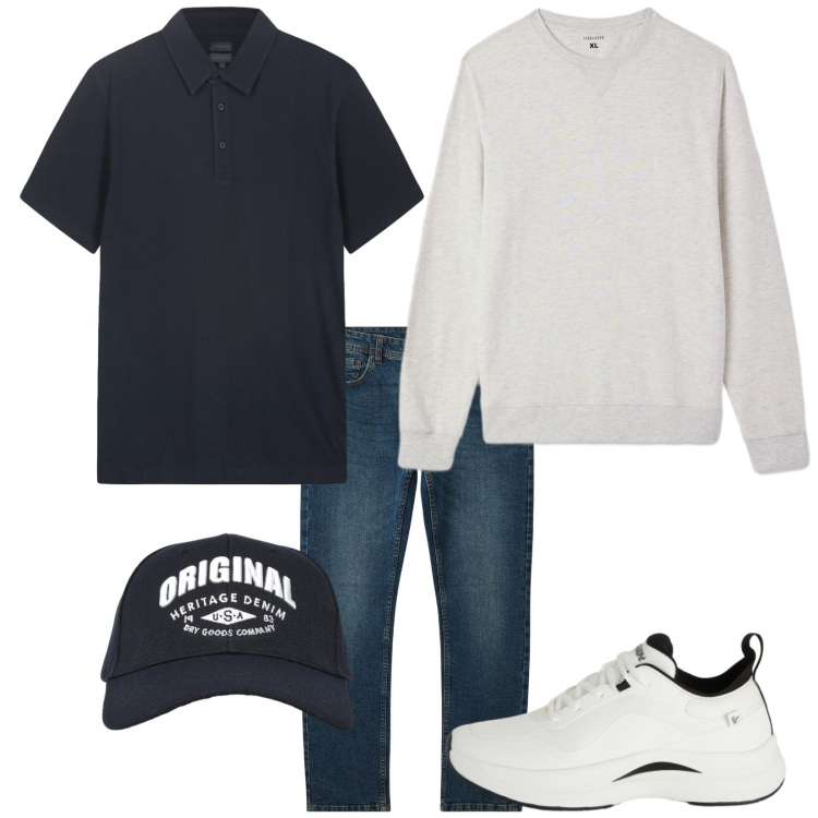 Outfit uomo - Total look #2384499. Stile Casual per Tutti i giorni. Abbinamento con jeans, felpe, cappelli con visiera, sneakers, polo.