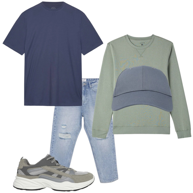 Outfit uomo - Total look #2384500. Stile Casual per Tutti i giorni. Abbinamento con sneakers, cappelli con visiera, jeans strappati, felpe, t-shirt.