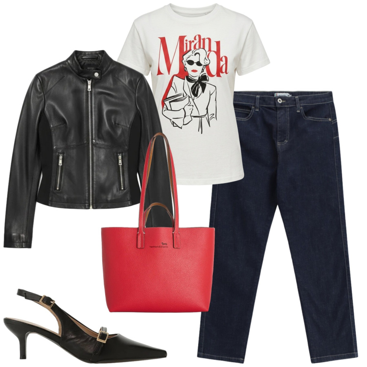 Outfit donna - City. Stile Casual chic per Tutti i giorni. Abbinamento con sandali col tacco, giacche, t-shirt, jeans slim fit, shopping bag.