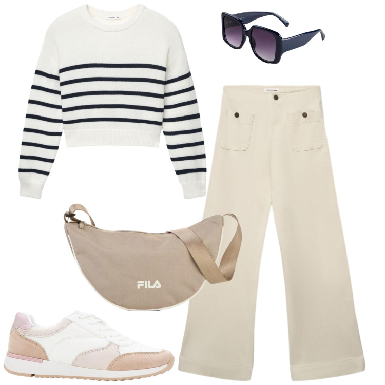 Outfit donna - City. Stile Casual chic per Tutti i giorni. Abbinamento con sneakers, borse a tracolla, occhiali da sole, jeans, maglieria.
