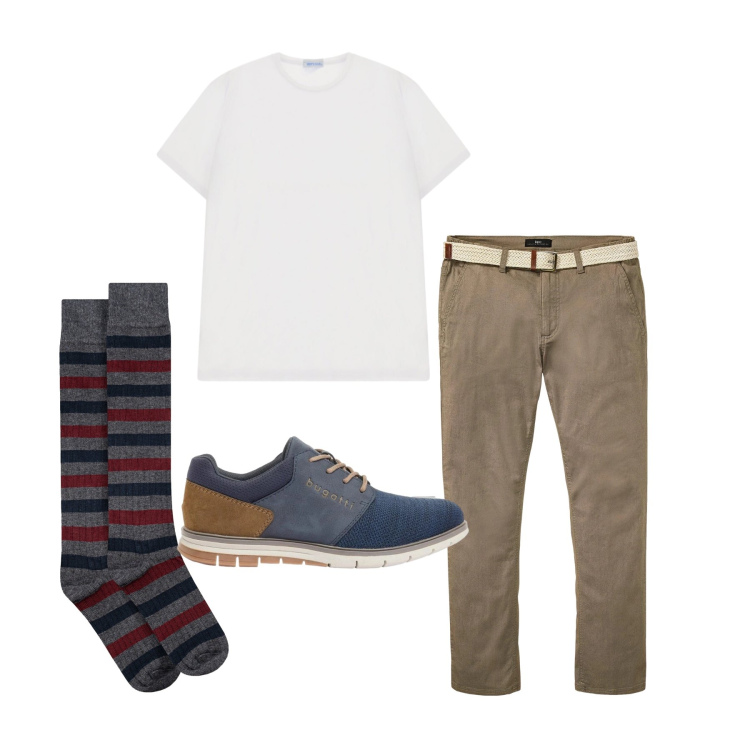 Outfit uomo - Aprile. Stile Casual per Tutti i giorni. Abbinamento con scarpe stringate, pantaloni chino, t-shirt, calzini.