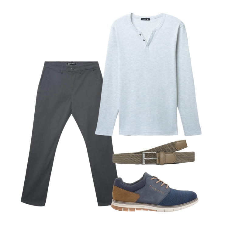Outfit uomo - Aprile. Stile Trendy per Tutti i giorni. Abbinamento con scarpe stringate, cinture, t-shirt, pantaloni chino.