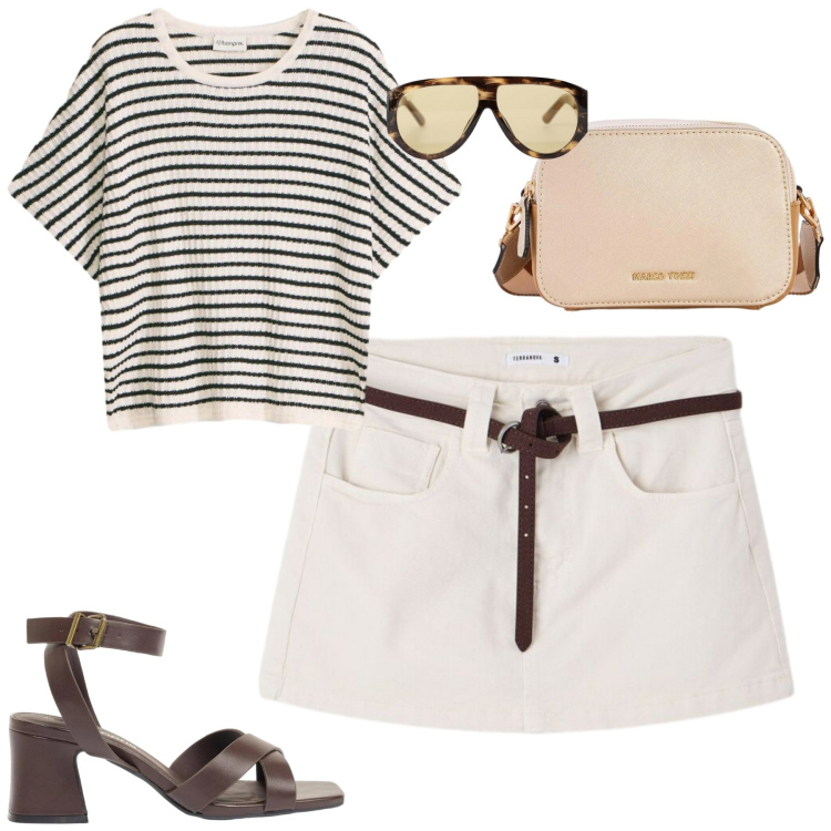 Outfit donna - Aprile. Stile Casual chic per Tutti i giorni. Abbinamento con sandali col tacco, t-shirt, borse a tracolla, minigonne, occhiali da sole.