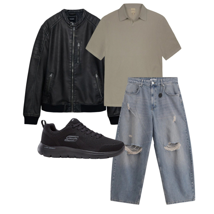 Outfit uomo - Aprile. Stile Trendy per Tutti i giorni. Abbinamento con sneakers, giacche, jeans strappati, polo.