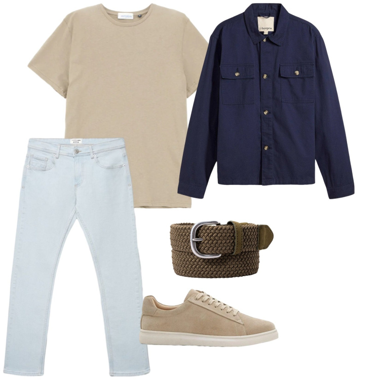 Outfit uomo - Weekend di primavera. per Tutti i giorni. Abbinamento con giacche, sneakers, jeans, t-shirt, cinture.