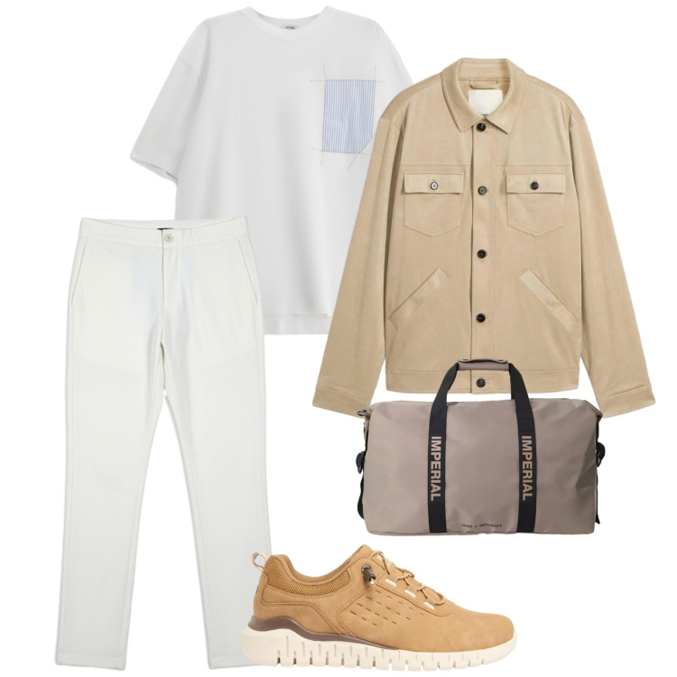 Outfit uomo - Weekend di primavera. per Mare. Abbinamento con cappotti, sneakers, t-shirt, borse sportive, pantaloni.