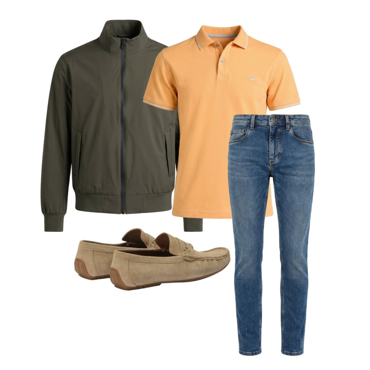Outfit uomo - Aprile. Stile Trendy per Tutti i giorni. Abbinamento con jeans slim fit, polo, scarpe stringate, bomber.