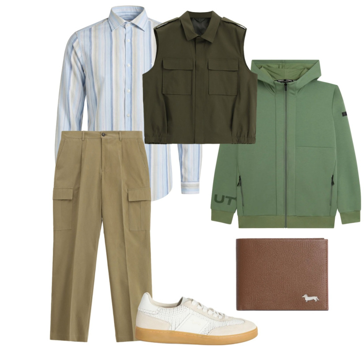 Outfit uomo - Leggero. per Ufficio. Abbinamento con sneakers, portafogli, camicie, pantaloni cargo, gilet, felpe con cappuccio.