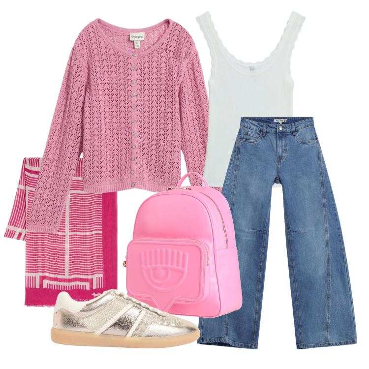 Outfit donna - Aprile. Stile Casual per Tutti i giorni. Abbinamento con zaini, cardigans, sneakers, canottiere, jeans, sciarpe.