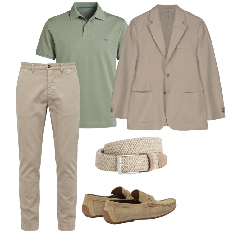 Outfit uomo - Toni naturali. per Ufficio. Abbinamento con pantaloni chino, cinture, polo, scarpe stringate, giacche.