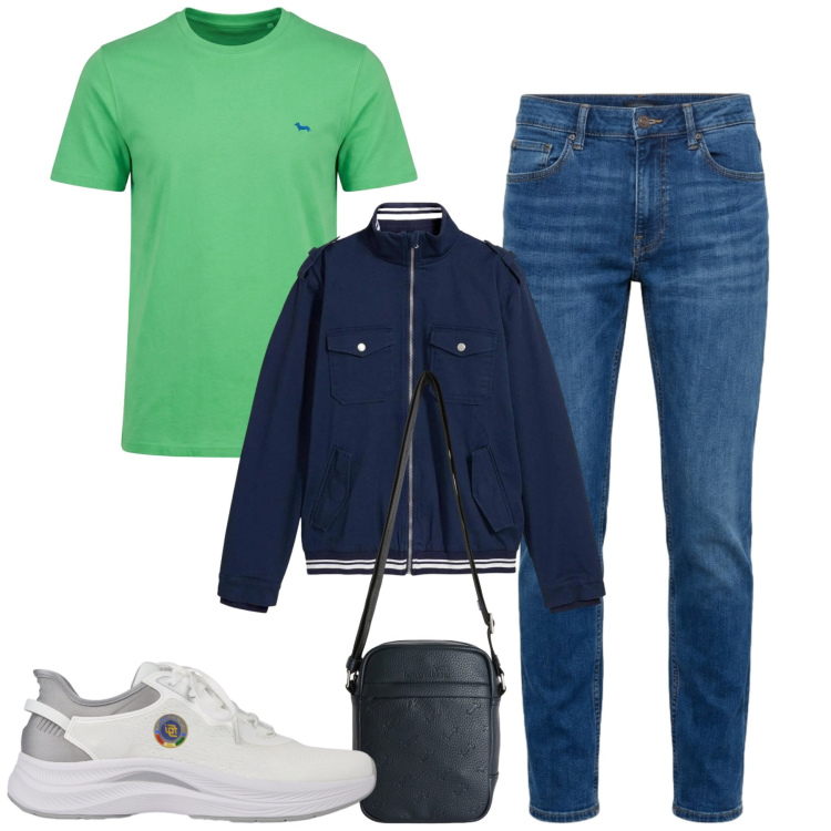 Outfit uomo - City. Stile Urban per Tutti i giorni. Abbinamento con giacche, borse sportive, t-shirt, jeans, scarpe sportive.