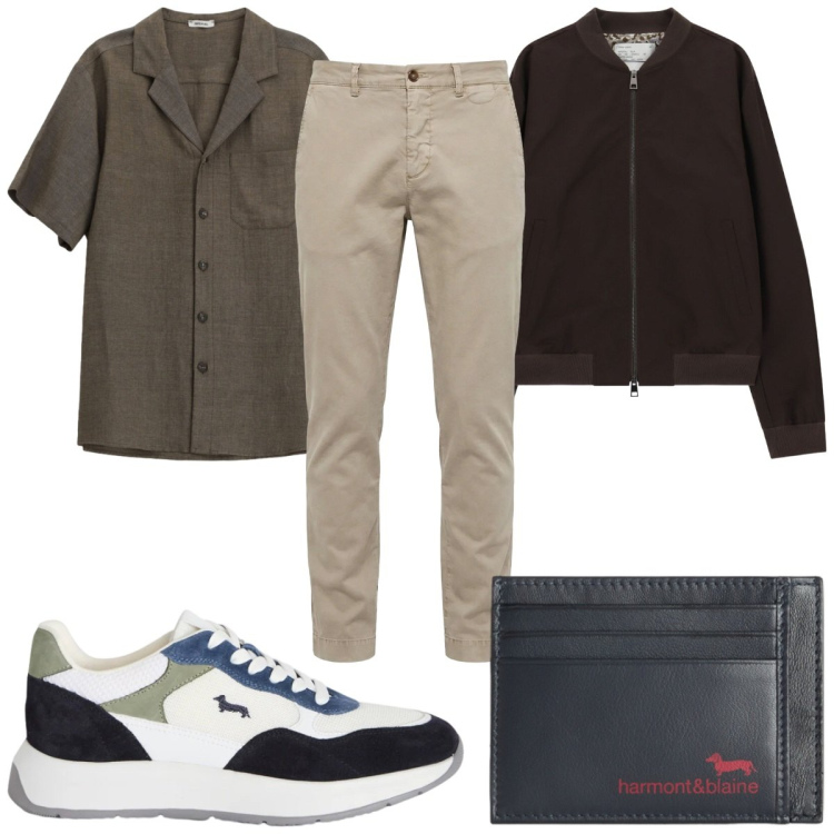 Outfit uomo - Total look #2384536. Stile Casual per Tutti i giorni. Abbinamento con camicie a manica corta, bomber, pantaloni chino, sneakers, portafogli.