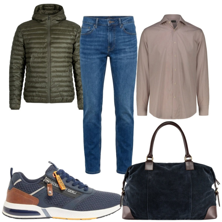 Outfit uomo - Total look #2384543. Stile Casual per Tutti i giorni. Abbinamento con sneakers, jeans, piumini, borse sportive, camicie.