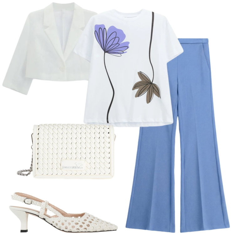 Outfit donna - Aprile. Stile Urban per Tutti i giorni. Abbinamento con décolleté, pantaloni, t-shirt, blazer, borse a tracolla.