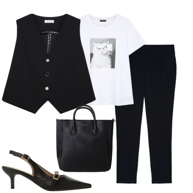 Outfit donna - Fiorella Rubino. Stile Casual chic per Tutti i giorni. Abbinamento con sandali col tacco, borse a tracolla, gilet, t-shirt, pantaloni.