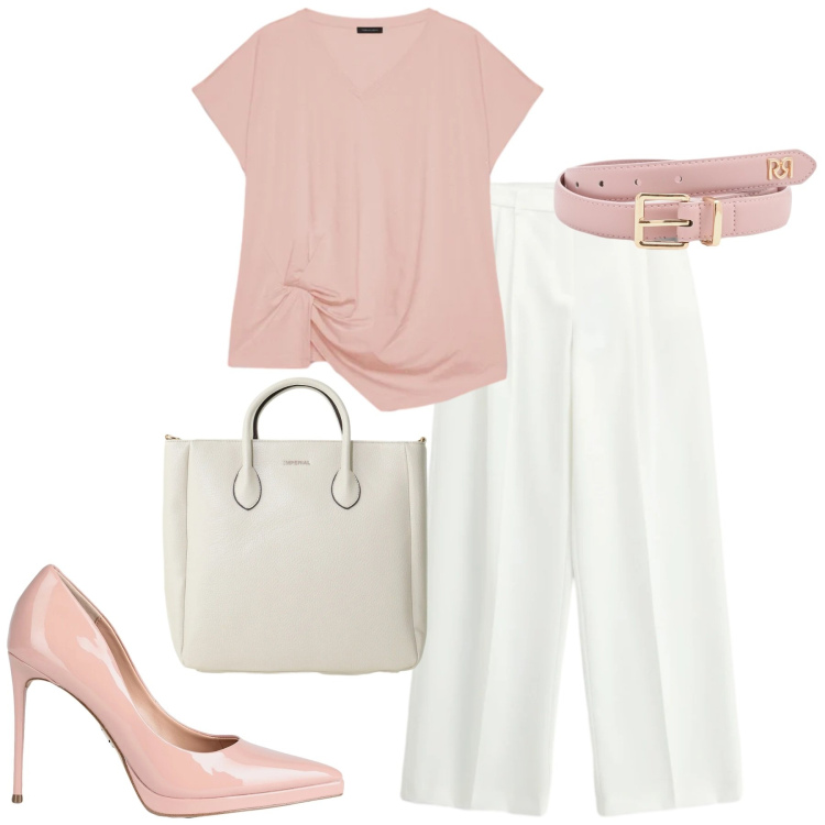 Outfit donna - City. Stile Urban per Tutti i giorni. Abbinamento con décolleté, pantaloni a palazzo, borse a tracolla, cinture, t-shirt.