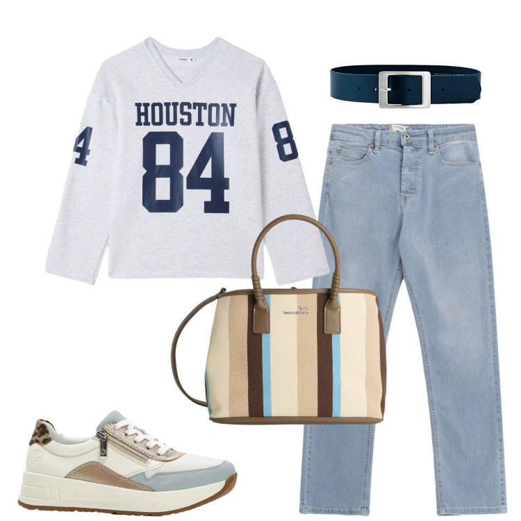 Outfit donna - Total look #2384553. Stile Casual per Tutti i giorni. Abbinamento con cinture, sneakers, t-shirt, jeans, shopping bag.