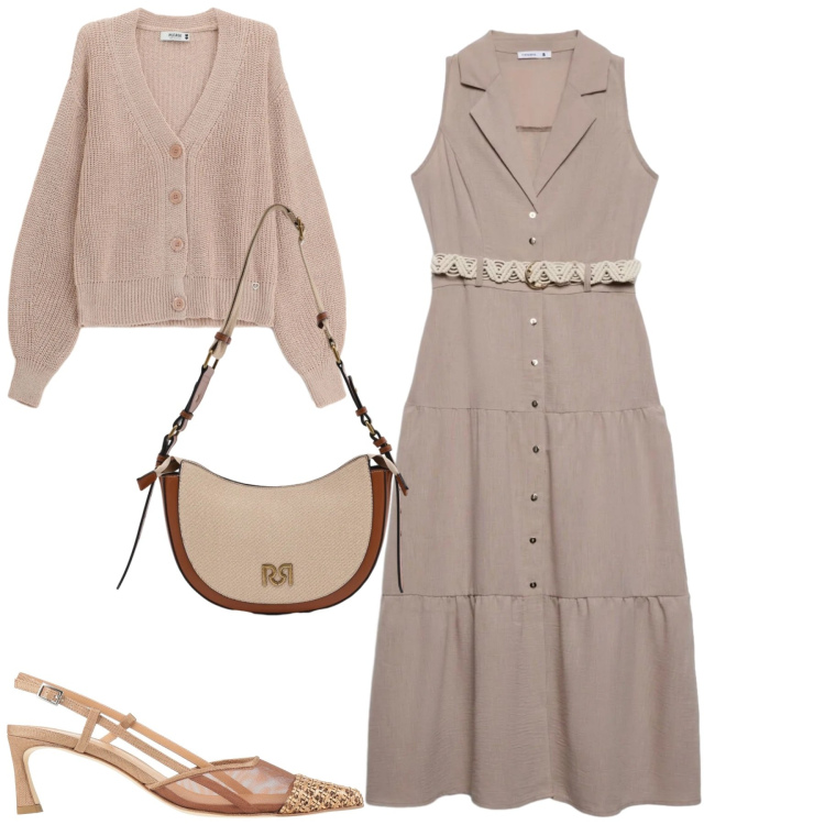Outfit donna - Spring. Stile Minimal per Tutti i giorni. Abbinamento con décolleté, vestiti chemisier, cardigans, borse a tracolla.