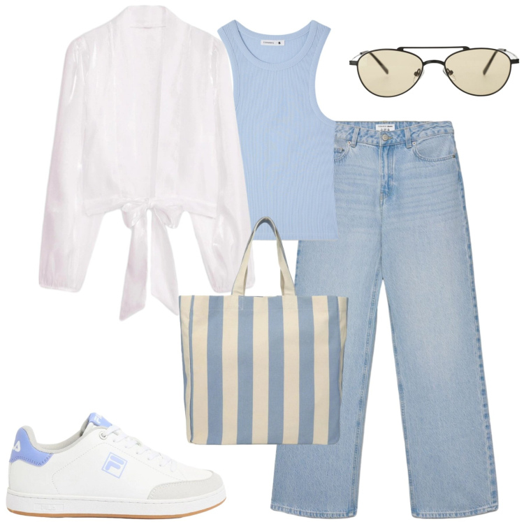 Outfit donna - Aprile. Stile Casual per Tutti i giorni. Abbinamento con bolero, sneakers, jeans, shopping bag, canottiere, occhiali da sole.