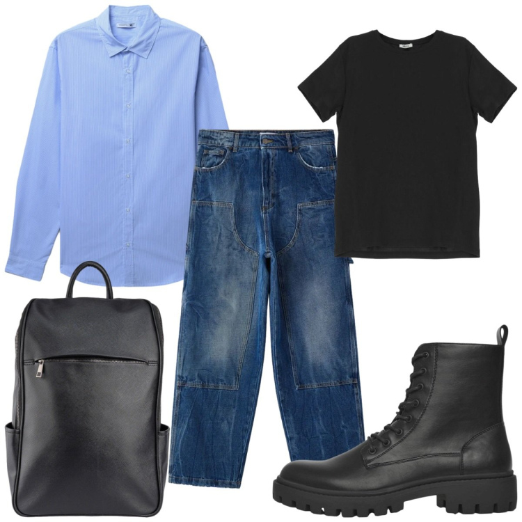 Outfit uomo - Total look #2384559. Stile Casual per Tutti i giorni. Abbinamento con anfibi, camicie, jeans dritti, t-shirt, borse sportive.