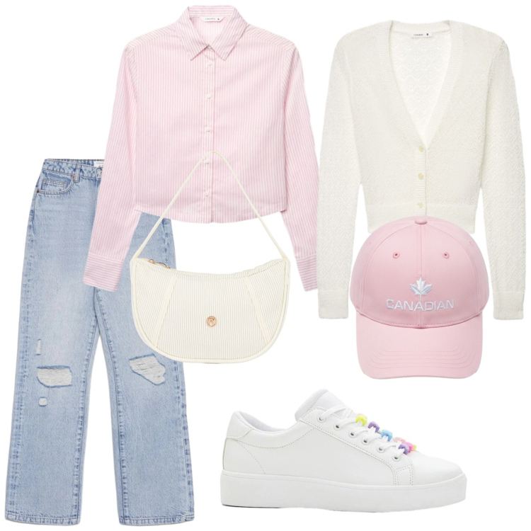 Outfit donna - Weekend fuori porta. Stile Casual per Tutti i giorni. Abbinamento con sneakers, cardigans, camicie, jeans strappati, borse a mano, berretti.