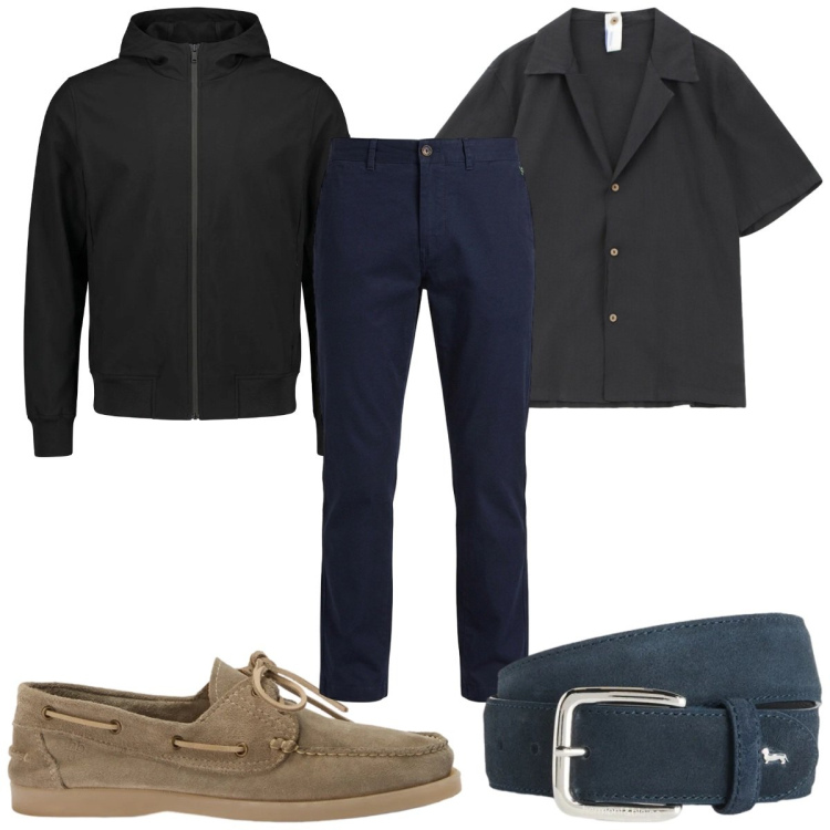 Outfit uomo - Total look #2384564. Stile Casual per Tutti i giorni. Abbinamento con camicie a manica corta, cinture, scarpe stringate, pantaloni, bomber.