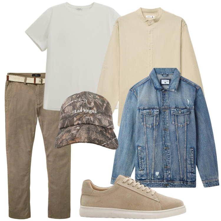 Outfit uomo - Layering. Stile Trendy per Tutti i giorni. Abbinamento con pantaloni chino, sneakers, giacche, camicie, cappelli con visiera, t-shirt.
