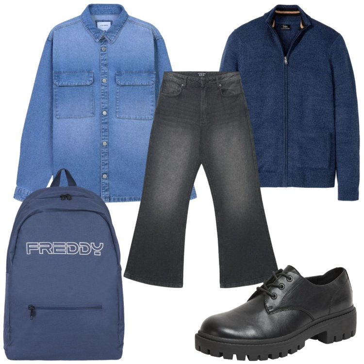 Outfit uomo - Total look #2384572. Stile Trendy per Tutti i giorni. Abbinamento con cardigans, scarpe stringate, cappotti, jeans, borse sportive.