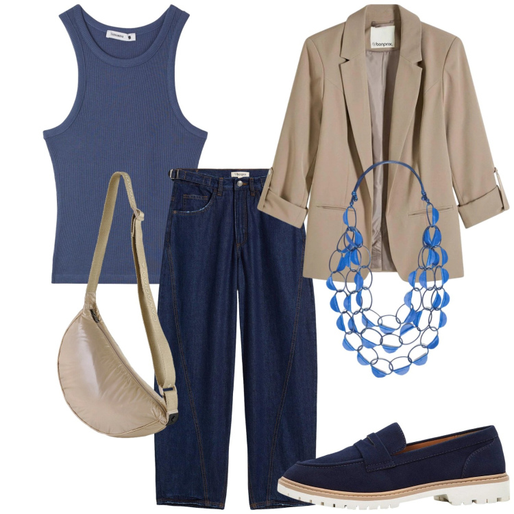 Outfit donna - APrile Aperitivo. Stile Trendy per Tutti i giorni. Abbinamento con mocassini, blazer, jeans, canottiere, collane, borse a tracolla.