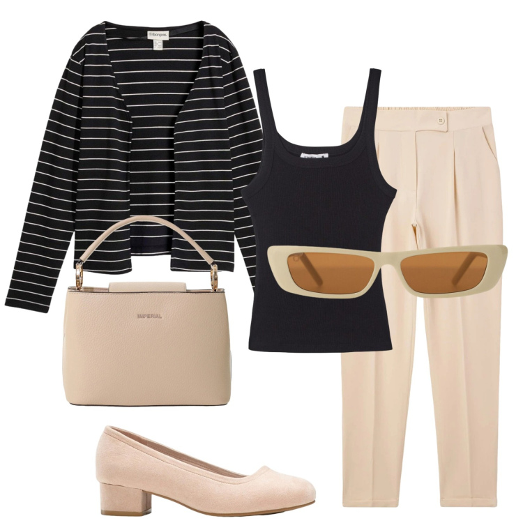 Outfit donna - Total look #2384575. Stile Casual chic per Ufficio. Abbinamento con cardigans, décolleté, pantaloni chino, canottiere, occhiali da sole, borse a secchiello.