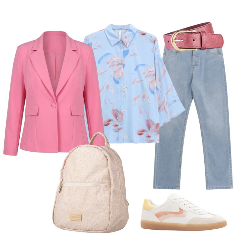 Outfit donna - Fuori città con le amiche. Stile Casual chic per Tutti i giorni. Abbinamento con zaini, sneakers, cinture, camicie, blazer, jeans.