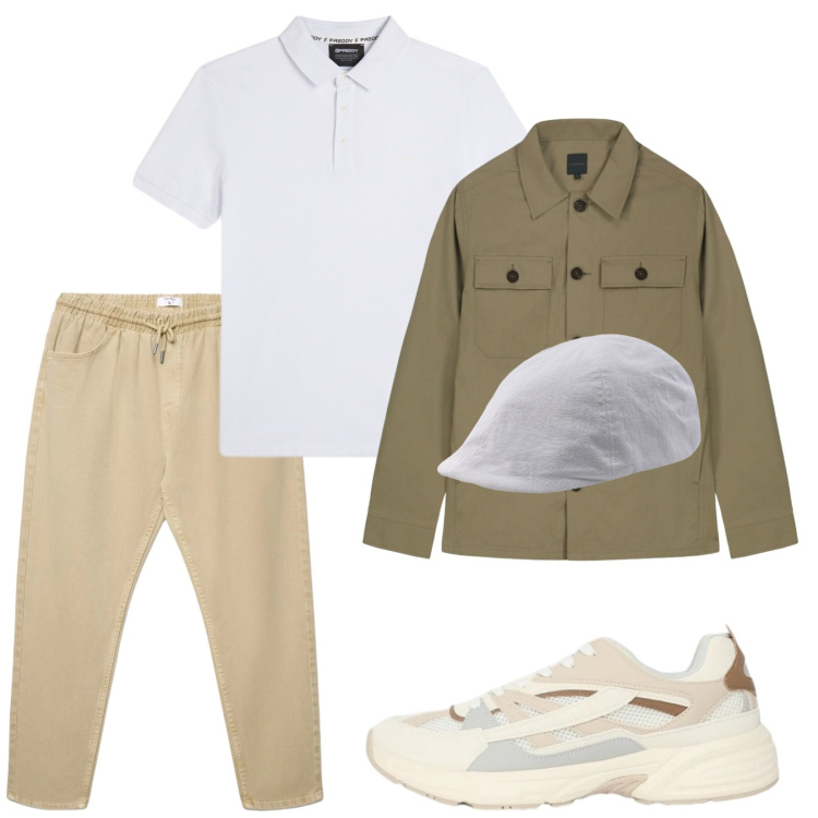 Outfit uomo - Polo bianca. Stile Trendy per Tutti i giorni. Abbinamento con pantaloni, sneakers, polo, cappotti, cappelli con visiera.