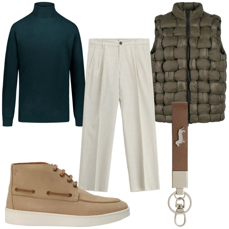 Outfit uomo - Total look #2384579. Stile Casual per Tutti i giorni. Abbinamento con pantaloni, portachiavi, stivali e stivaletti, gilet, maglieria.
