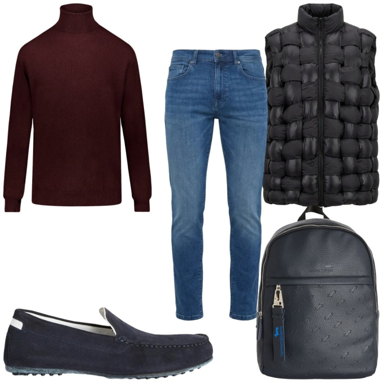 Outfit uomo - Total look #2384580. Stile Casual per Tutti i giorni. Abbinamento con scarpe stringate, borse sportive, jeans slim fit, gilet, maglieria.