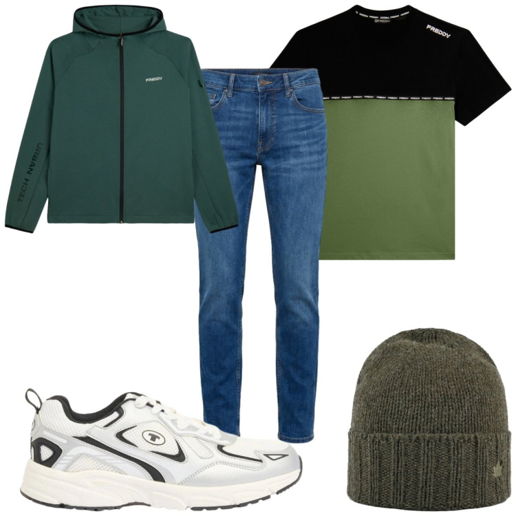 Outfit uomo - Total look #2384581. Stile Casual per Tutti i giorni. Abbinamento con sneakers, jeans, felpe con cappuccio, t-shirt, cappelli.
