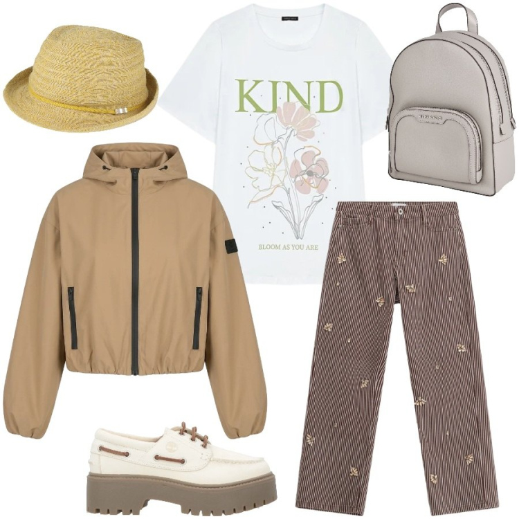 Outfit donna - Fine settimana fuori città. Stile Casual chic per Tutti i giorni. Abbinamento con zaini, mocassini, cappelli, t-shirt, pantaloni a palazzo, bomber.