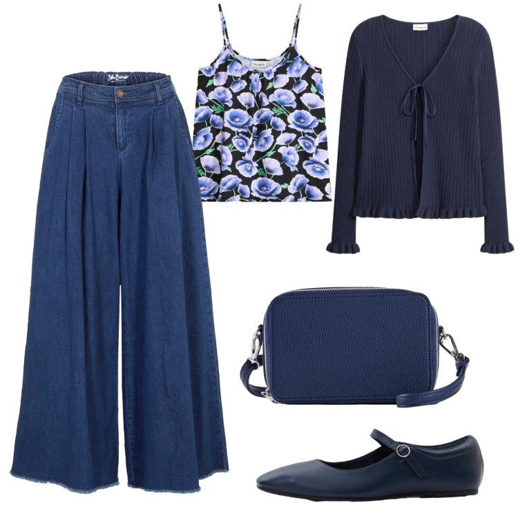 Outfit donna - Il bello del blù. Stile Casual per Tutti i giorni. Abbinamento con gonne, cardigans, ballerine, borse a tracolla, top.