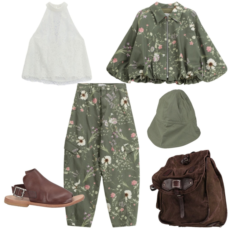 Outfit donna - Pronta a partire. Stile Casual per Tutti i giorni. Abbinamento con cappelli, zaini, sandali in pelle, pantaloni cargo, bomber, top.