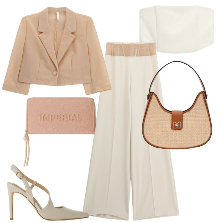 Outfit donna - City. Stile Chic per Tutti i giorni. Abbinamento con décolleté, blazer, top, pantaloni a palazzo, portafogli, borse a spalla.