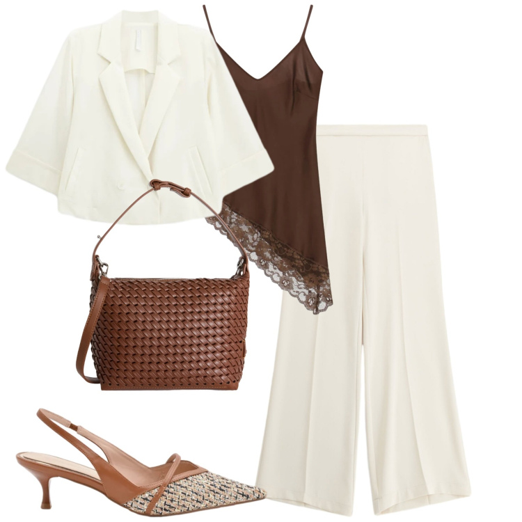 Outfit donna - City. Stile Trendy per Tutti i giorni. Abbinamento con pantaloni a palazzo, blazer, décolleté, top, borse a spalla.