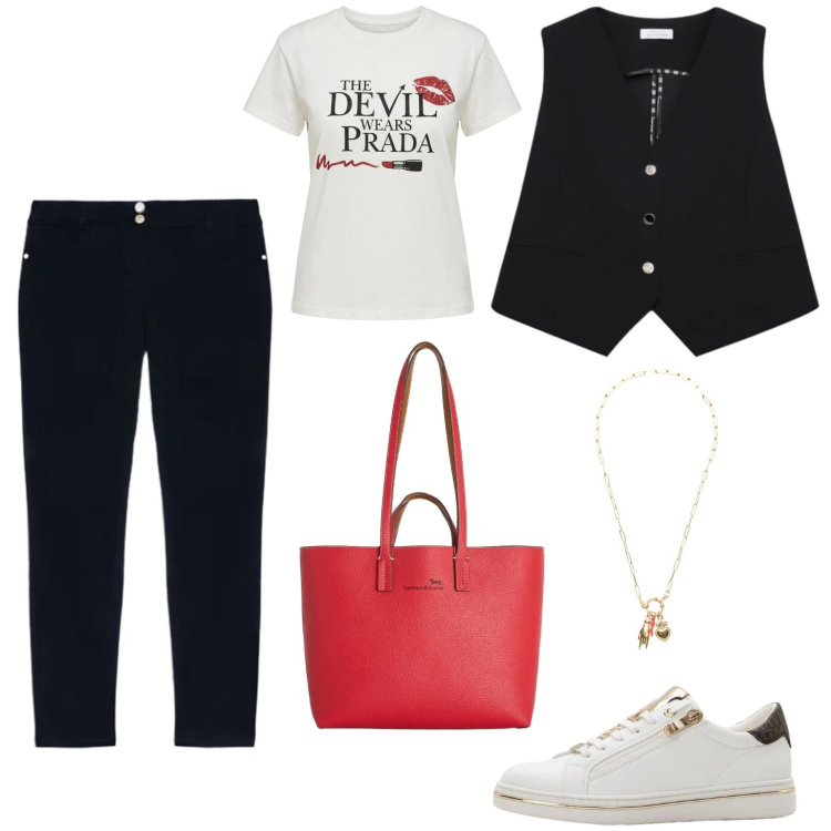Outfit donna - Passeggiata in centro. Stile Casual per Tutti i giorni. Abbinamento con sneakers, gilet, t-shirt, jeans skinny, shopping bag, ciondoli.