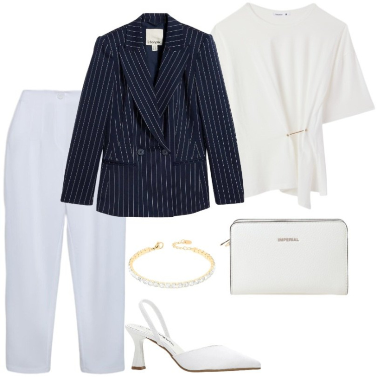 Outfit donna - Blazer gessato blu. Stile Casual per Ufficio. Abbinamento con blazer, décolleté, pantaloni chino, t-shirt, borse a tracolla, braccialetti.