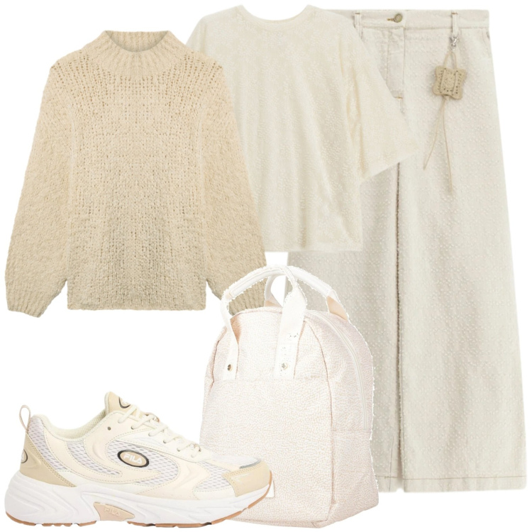 Outfit donna - Total look in panna. Stile Casual chic per Scuola/Università. Abbinamento con zaini, sneakers, pullovers, pantaloni a palazzo, bluse.