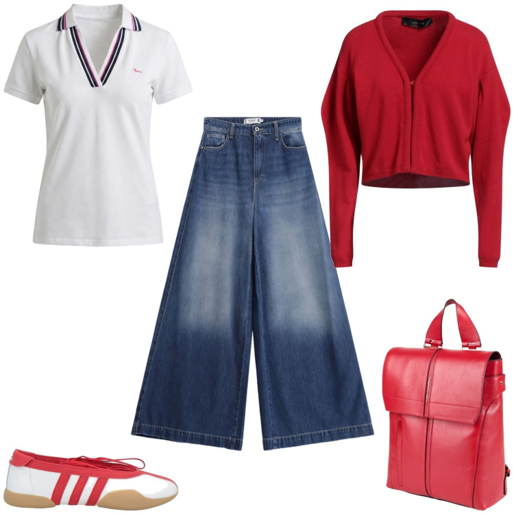 Outfit donna - In movimento. Stile Casual per Tutti i giorni. Abbinamento con cardigans, zaini, ballerine, jeans, polo.