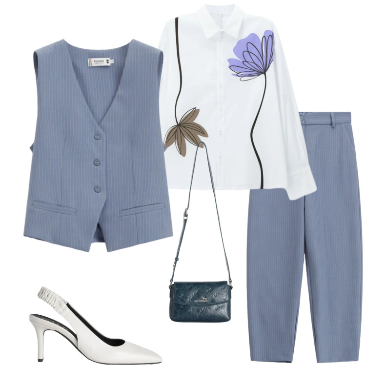Outfit donna - Sporty chic primaverile. Stile Sporty chic per Serata fuori. Abbinamento con décolleté, pantaloni, gilet, borse a tracolla, camicie.