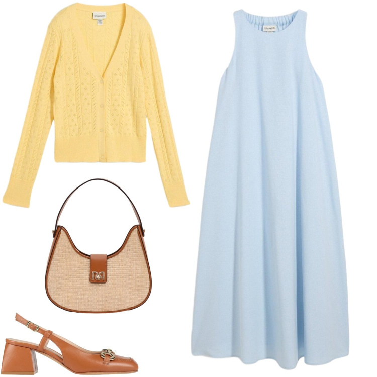 Outfit donna - Vestitino con cardigan. Stile Casual chic per Tutti i giorni. Abbinamento con décolleté, vestiti midi/longuette, cardigans, borse a spalla.