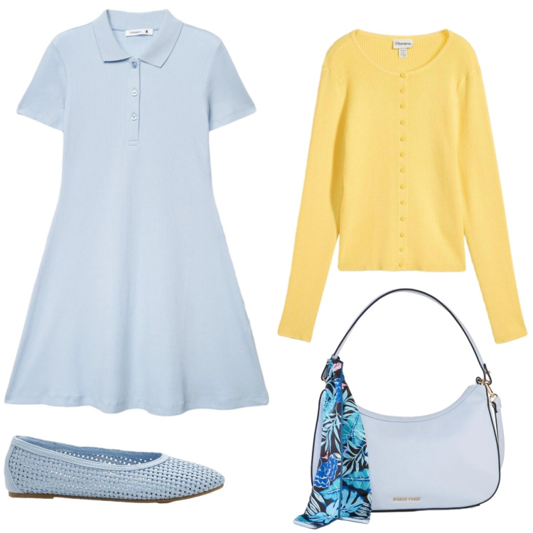 Outfit donna - Vestitino con cardigan. Stile Casual per Tutti i giorni. Abbinamento con ballerine, cardigans, borse a mano, vestiti.